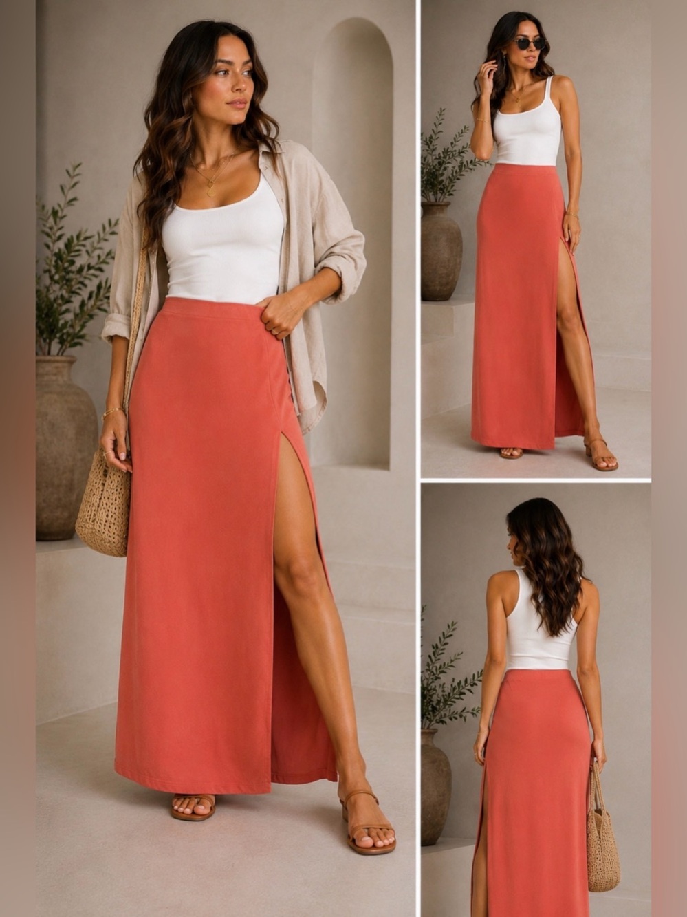 Wilfred Free Coral Maxi Skirt Side Slit Pull-On Modal Blend Size L